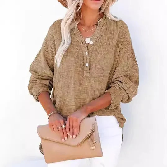 Global home finds 🔥Womens Casual Button V Neck Long Sleeve Shirts Oversized Solid Blouses Tops